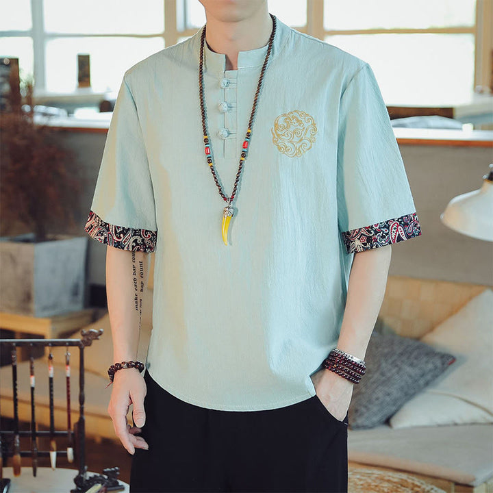 Kamienie Buddha Stones -Guzik Smok Haft Chiński Tang Suit Krótki Rękaw Koszula Lniana Męska Odzież - MintCream - US/UK/AU46， EU56 (5XL)  - image 11
