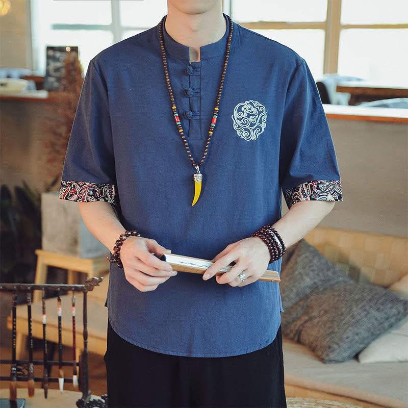 Kamienie Buddha Stones -Guzik Smok Haft Chiński Tang Suit Krótki Rękaw Koszula Lniana Męska Odzież - Stalowoniebieski - US/UK/AU46， EU56 (5XL)  - image 33