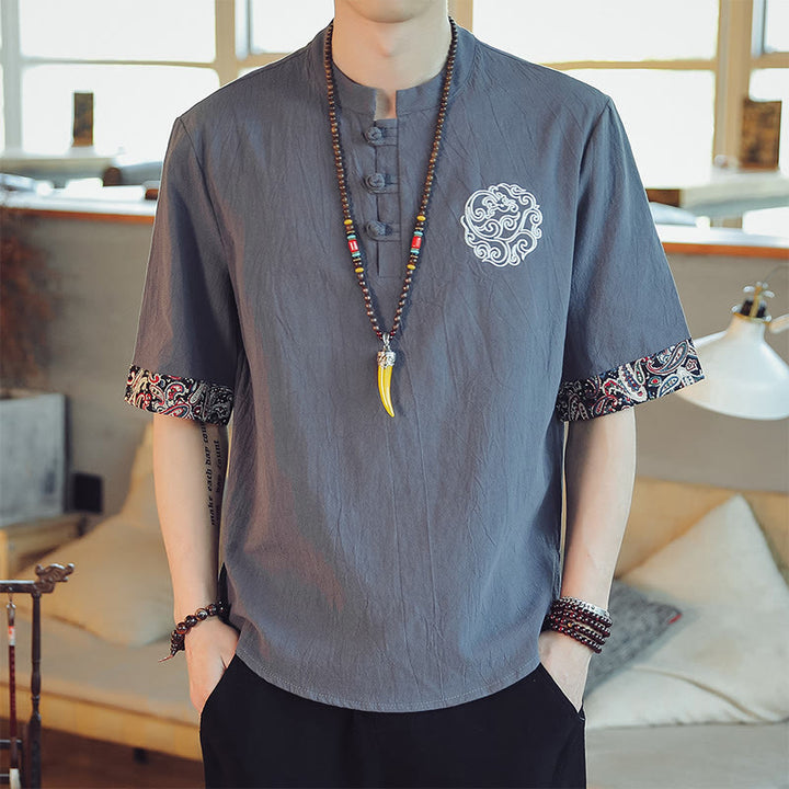 Kamienie Buddha Stones -Guzik Smok Haft Chiński Tang Suit Krótki Rękaw Koszula Lniana Męska Odzież - Szary - US/UK/AU46， EU56 (5XL)  - image 0