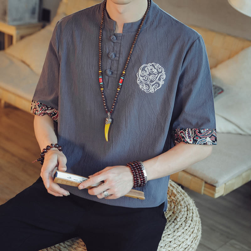 Kamienie Buddha Stones -Guzik Smok Haft Chiński Tang Suit Krótki Rękaw Koszula Lniana Męska Odzież - image 8