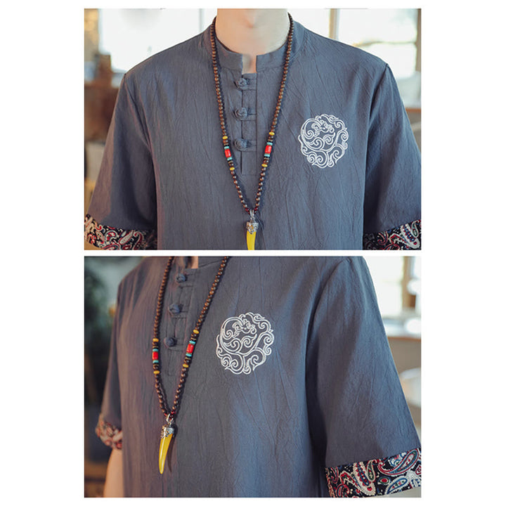 Kamienie Buddha Stones -Guzik Smok Haft Chiński Tang Suit Krótki Rękaw Koszula Lniana Męska Odzież - image 9