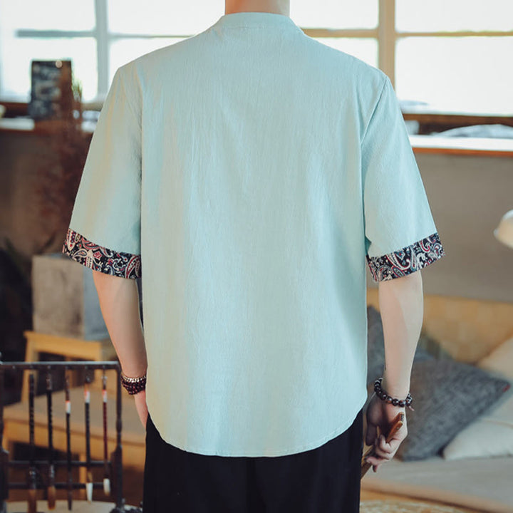 Kamienie Buddha Stones -Guzik Smok Haft Chiński Tang Suit Krótki Rękaw Koszula Lniana Męska Odzież - image 13