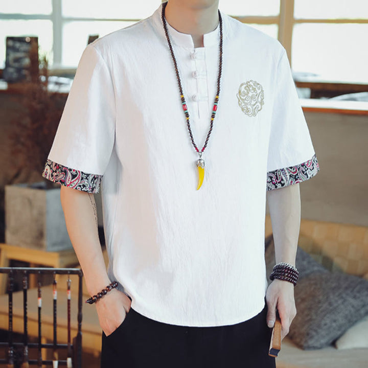 Kamienie Buddha Stones -Guzik Smok Haft Chiński Tang Suit Krótki Rękaw Koszula Lniana Męska Odzież - image 19