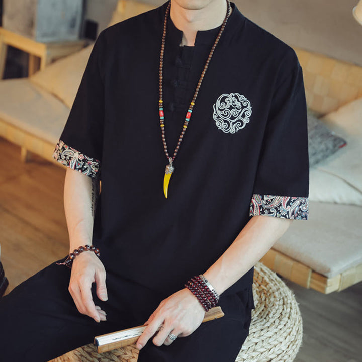 Kamienie Buddha Stones -Guzik Smok Haft Chiński Tang Suit Krótki Rękaw Koszula Lniana Męska Odzież - image 31