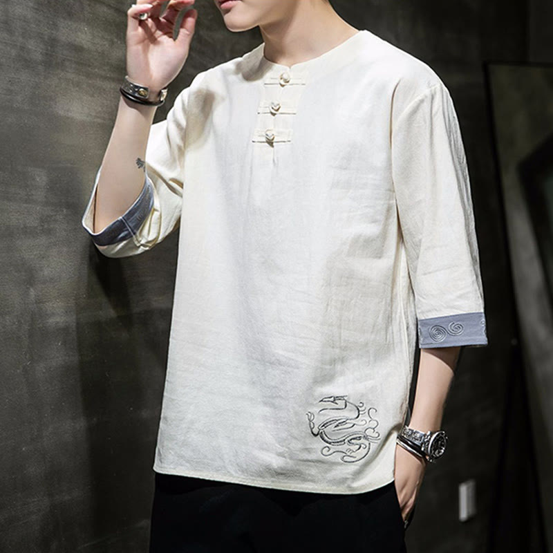 Kamienie Buddha Stones -Guzik Smok Haft Chiński Strój Tang Trzy Czwarte Rękawy Koszula Bawełna Len Męska Odzież - image 1