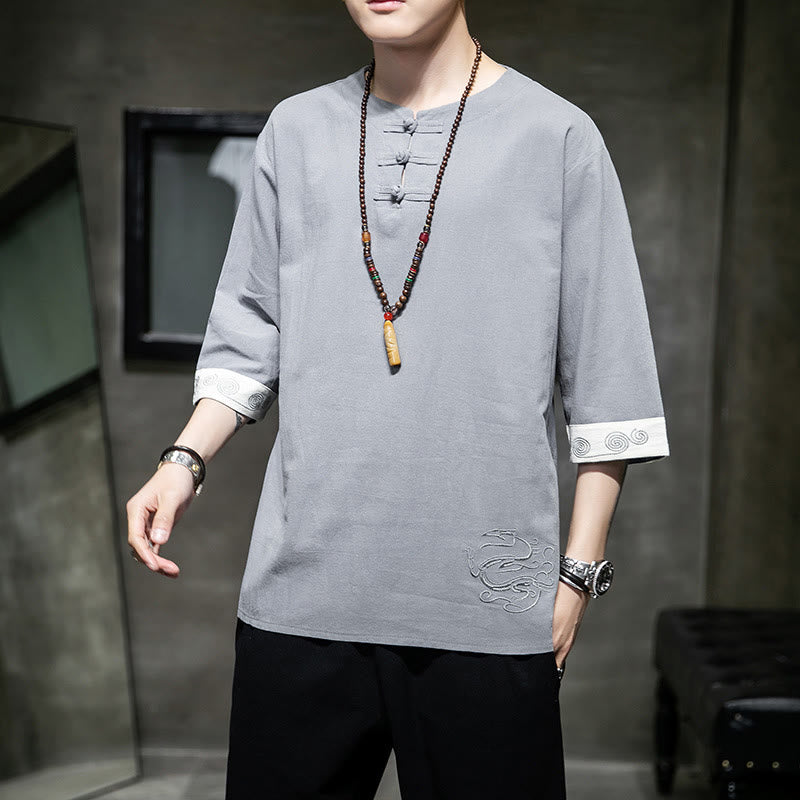 Kamienie Buddha Stones -Guzik Smok Haft Chiński Strój Tang Trzy Czwarte Rękawy Koszula Bawełna Len Męska Odzież - image 18