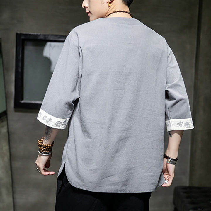 Kamienie Buddha Stones -Guzik Smok Haft Chiński Strój Tang Trzy Czwarte Rękawy Koszula Bawełna Len Męska Odzież - image 14