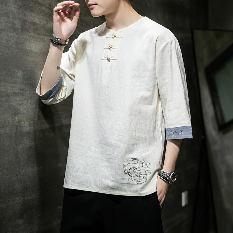 Kamienie Buddha Stones -Guzik Smok Haft Chiński Strój Tang Trzy Czwarte Rękawy Koszula Bawełna Len Męska Odzież - image 9