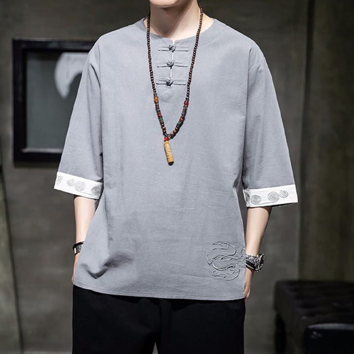 Kamienie Buddha Stones -Guzik Smok Haft Chiński Strój Tang Trzy Czwarte Rękawy Koszula Bawełna Len Męska Odzież - Jasnoszary - US/UK/AU46， EU56 (5XL)  - image 12