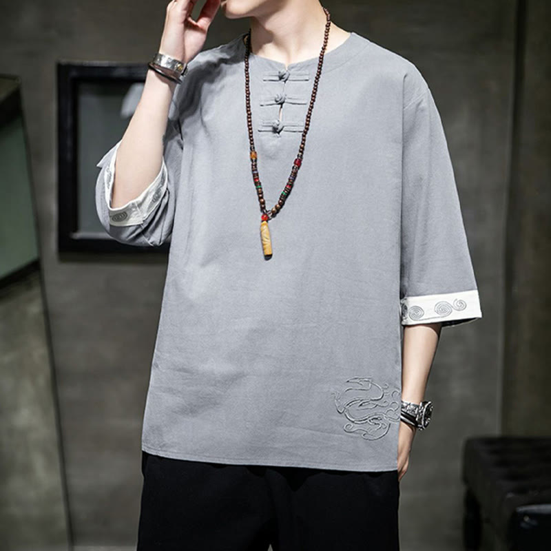 Kamienie Buddha Stones -Guzik Smok Haft Chiński Strój Tang Trzy Czwarte Rękawy Koszula Bawełna Len Męska Odzież - image 15