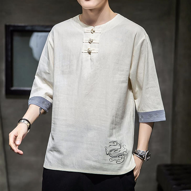 Kamienie Buddha Stones -Guzik Smok Haft Chiński Strój Tang Trzy Czwarte Rękawy Koszula Bawełna Len Męska Odzież - image 7