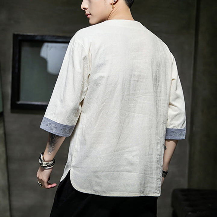 Kamienie Buddha Stones -Guzik Smok Haft Chiński Strój Tang Trzy Czwarte Rękawy Koszula Bawełna Len Męska Odzież - image 2