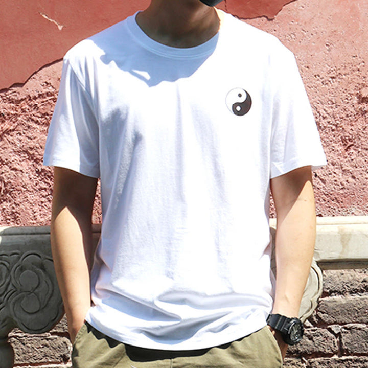 Buddha Stones męska letnia koszulka z okrągłym dekoltem i krótkim rękawem Yin Yang z bawełny - Biały - US/UK/AU42， EU52 (3XL) - image 8