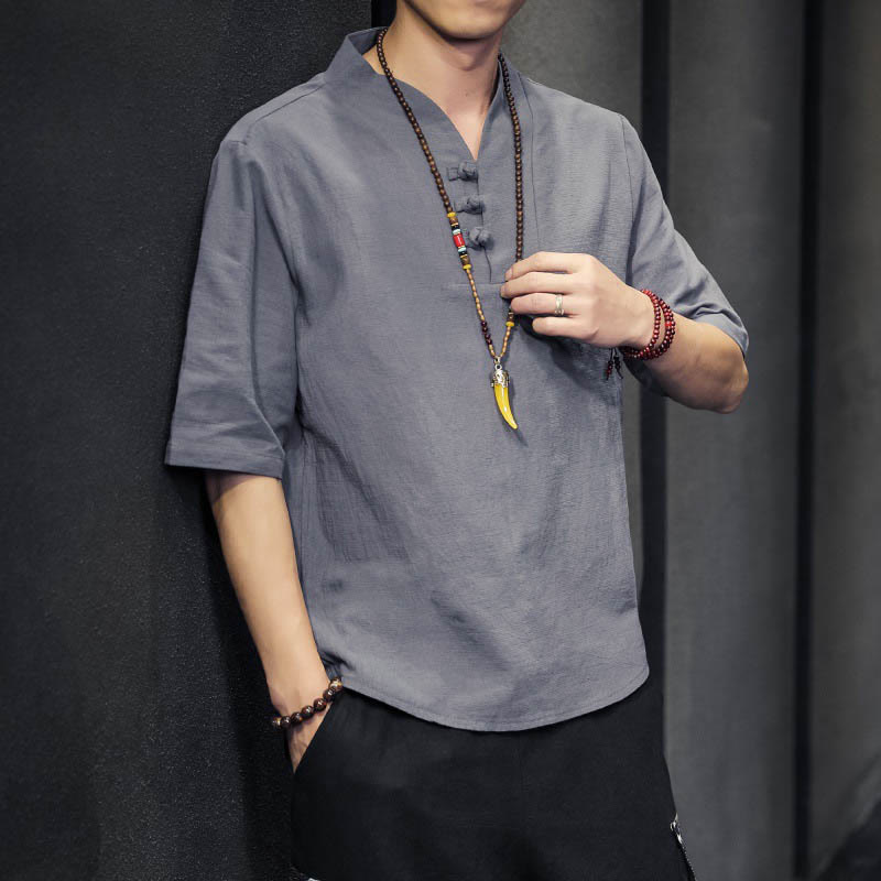 Koszula męska z krótkim rękawem, letnia, casualowa, z Buddha Stones, bawełniana - Szary - US/UK/AU46， EU56 (5XL) - image 16