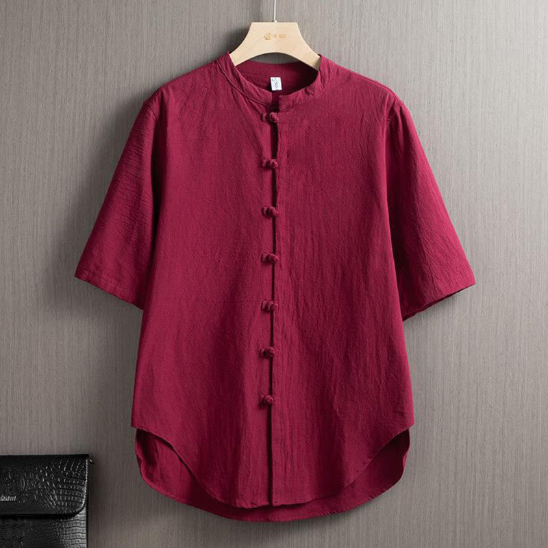 Buddha Stones -Guzik Gładka Chińska Koszula Tang Krótki Rękaw Bawełna Len Męska Odzież - IndianRed - US/UK/AU46， EU56 (5XL) - image 1