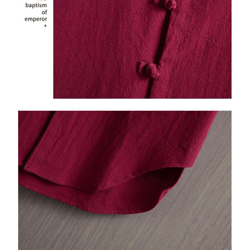 Buddha Stones -Guzik Gładka Chińska Koszula Tang Krótki Rękaw Bawełna Len Męska Odzież - image 4