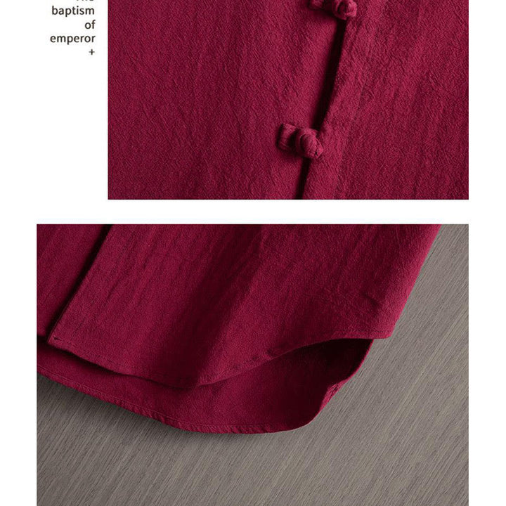 Buddha Stones -Guzik Gładka Chińska Koszula Tang Krótki Rękaw Bawełna Len Męska Odzież - image 4