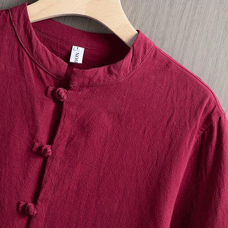 Buddha Stones -Guzik Gładka Chińska Koszula Tang Krótki Rękaw Bawełna Len Męska Odzież - image 2