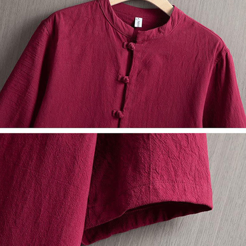 Buddha Stones -Guzik Gładka Chińska Koszula Tang Krótki Rękaw Bawełna Len Męska Odzież - image 3