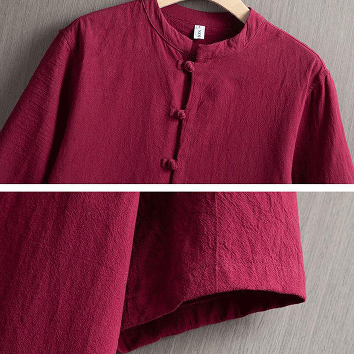 Buddha Stones -Guzik Gładka Chińska Koszula Tang Krótki Rękaw Bawełna Len Męska Odzież - image 3