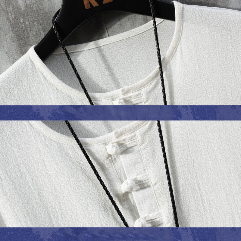 Buddha Stones -Guzik Jednolity Kolor Chiński Garnitur Tang Koszula Z Pół Rękawem Lniana Męska Odzież - image 2