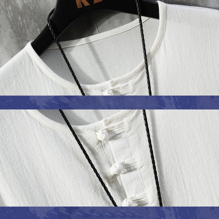 Buddha Stones -Guzik Jednolity Kolor Chiński Garnitur Tang Koszula Z Pół Rękawem Lniana Męska Odzież - image 2