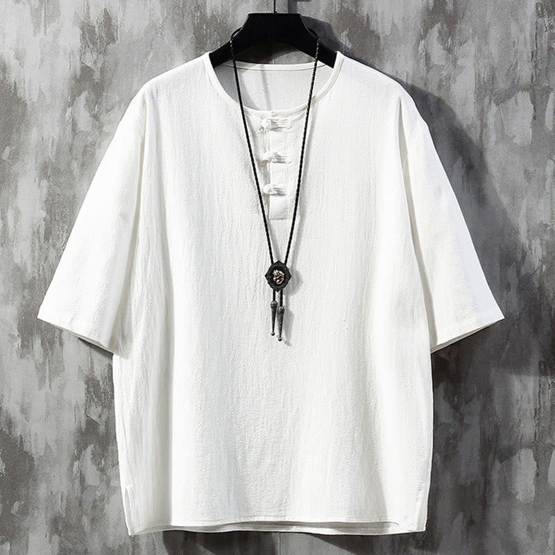 Buddha Stones -Guzik Jednolity Kolor Chiński Garnitur Tang Koszula Z Pół Rękawem Lniana Męska Odzież - Biały - US/UK/AU46， EU56 (5XL)  - image 1