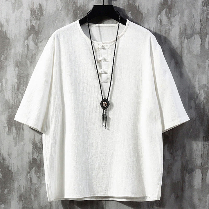 Buddha Stones -Guzik Jednolity Kolor Chiński Garnitur Tang Koszula Z Pół Rękawem Lniana Męska Odzież - Biały - US/UK/AU46， EU56 (5XL)  - image 1