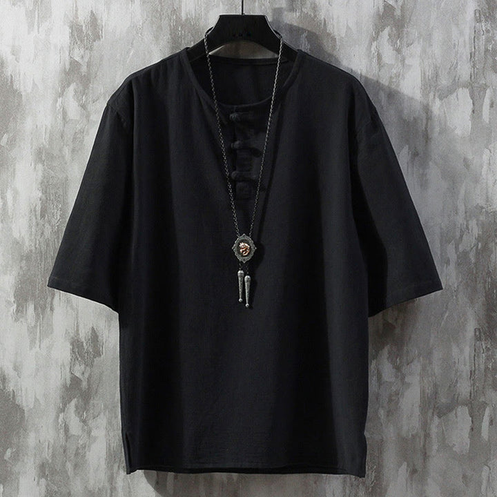 Buddha Stones -Guzik Jednolity Kolor Chiński Garnitur Tang Koszula Z Pół Rękawem Lniana Męska Odzież - Czarny - US/UK/AU46， EU56 (5XL)  - image 4