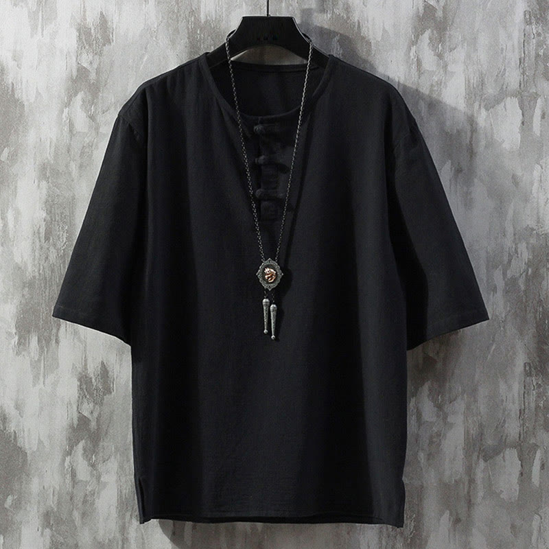 Buddha Stones -Guzik Jednolity Kolor Chiński Garnitur Tang Koszula Z Pół Rękawem Lniana Męska Odzież - Czarny - US/UK/AU46， EU56 (5XL)  - image 4