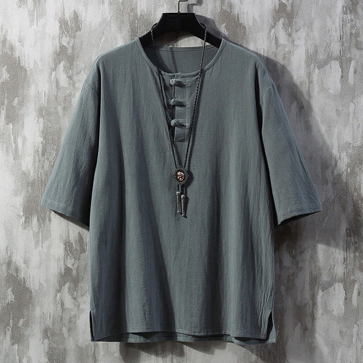 Buddha Stones -Guzik Jednolity Kolor Chiński Garnitur Tang Koszula Z Pół Rękawem Lniana Męska Odzież - LightSlateGray - US/UK/AU46， EU56 (5XL)  - image 1