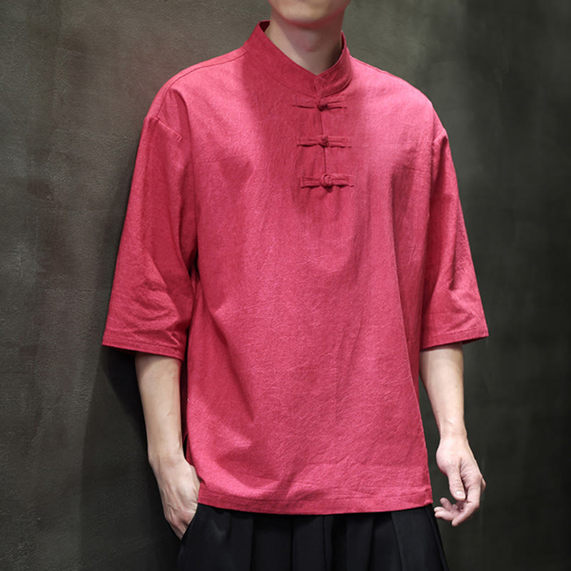 Buddha Stones Męski Chiński Żabkowy Garnitur Tang Koszula Z Pół Rękawa Bawełnianego Lnianego - Łosoś - US/UK/AU46， EU56 (5XL)  - image 22