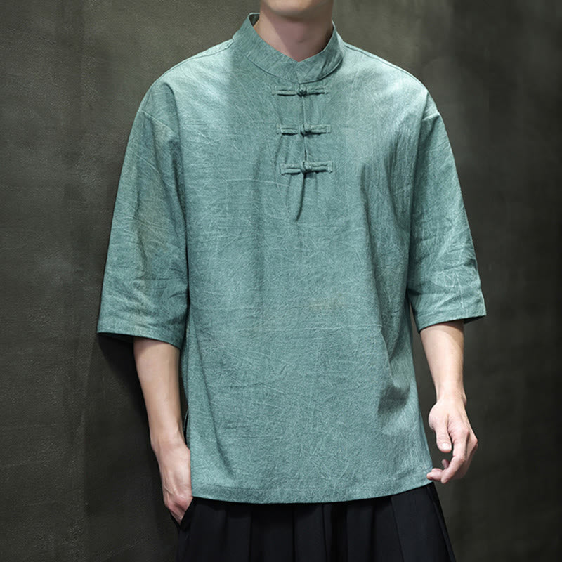 Buddha Stones Męski Chiński Żabkowy Garnitur Tang Koszula Z Pół Rękawa Bawełnianego Lnianego - ŚredniaAkwamaryna - US/UK/AU46， EU56 (5XL)  - image 9