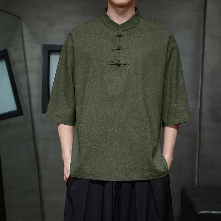 Buddha Stones Męski Chiński Żabkowy Garnitur Tang Koszula Z Pół Rękawa Bawełnianego Lnianego - DarkOliveGreen - US/UK/AU46， EU56 (5XL)  - image 0