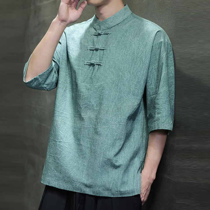 Buddha Stones Męski Chiński Żabkowy Garnitur Tang Koszula Z Pół Rękawa Bawełnianego Lnianego - image 17