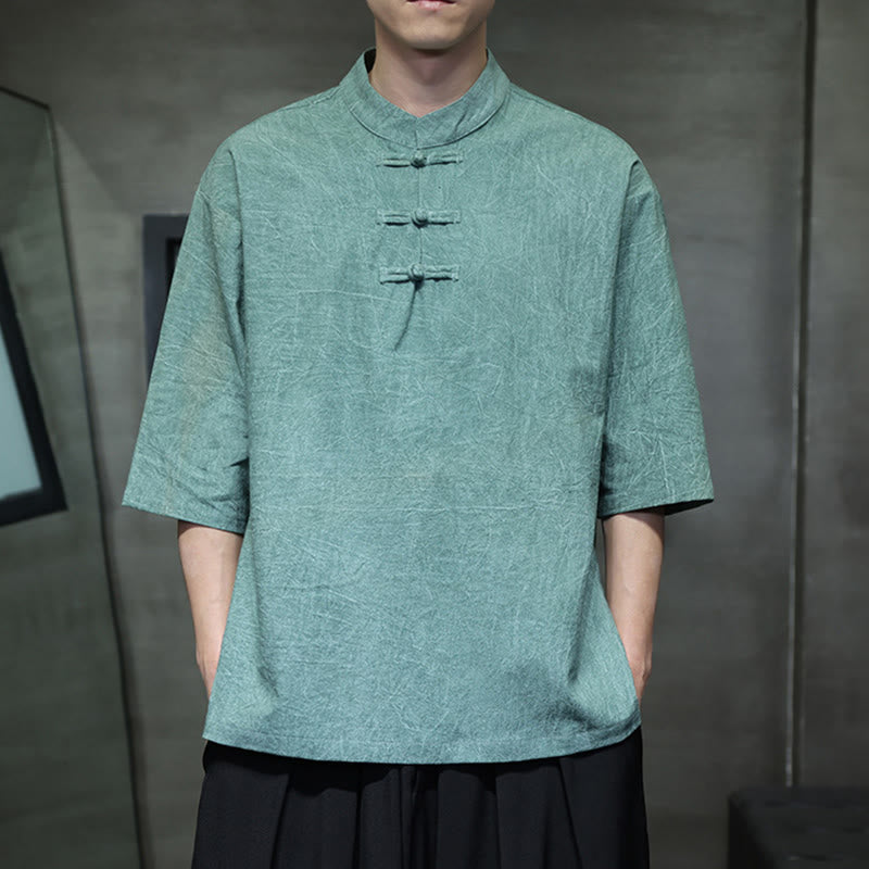 Buddha Stones Męski Chiński Żabkowy Garnitur Tang Koszula Z Pół Rękawa Bawełnianego Lnianego - image 11