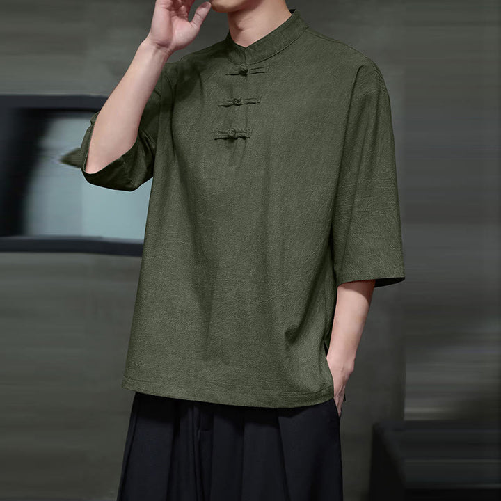 Buddha Stones Męski Chiński Żabkowy Garnitur Tang Koszula Z Pół Rękawa Bawełnianego Lnianego - image 4