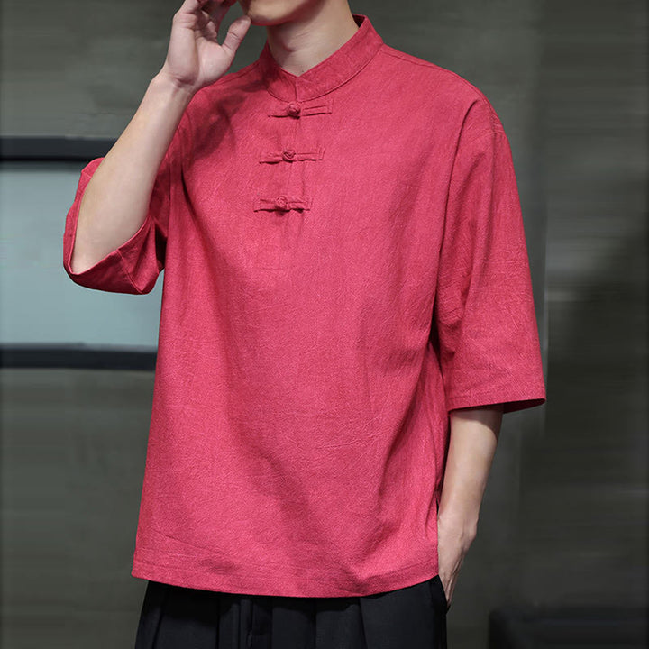 Buddha Stones Męski Chiński Żabkowy Garnitur Tang Koszula Z Pół Rękawa Bawełnianego Lnianego - image 33