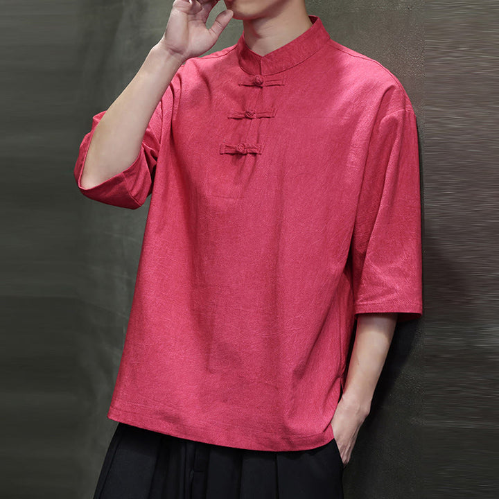 Buddha Stones Męski Chiński Żabkowy Garnitur Tang Koszula Z Pół Rękawa Bawełnianego Lnianego - image 27