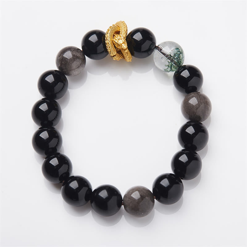 Bransoletka ochronna z Buddha Stones Naturalny srebrny połysk Obsydian Smok Zielony Fantom
