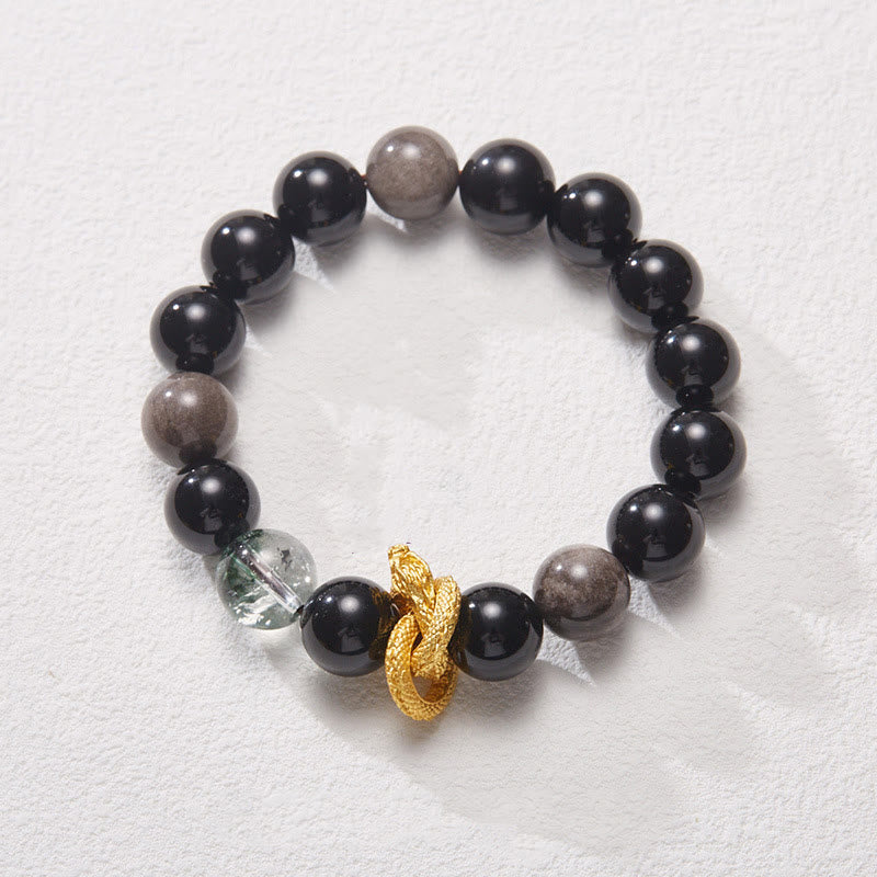 Bransoletka ochronna z Buddha Stones Naturalny srebrny połysk Obsydian Smok Zielony Fantom