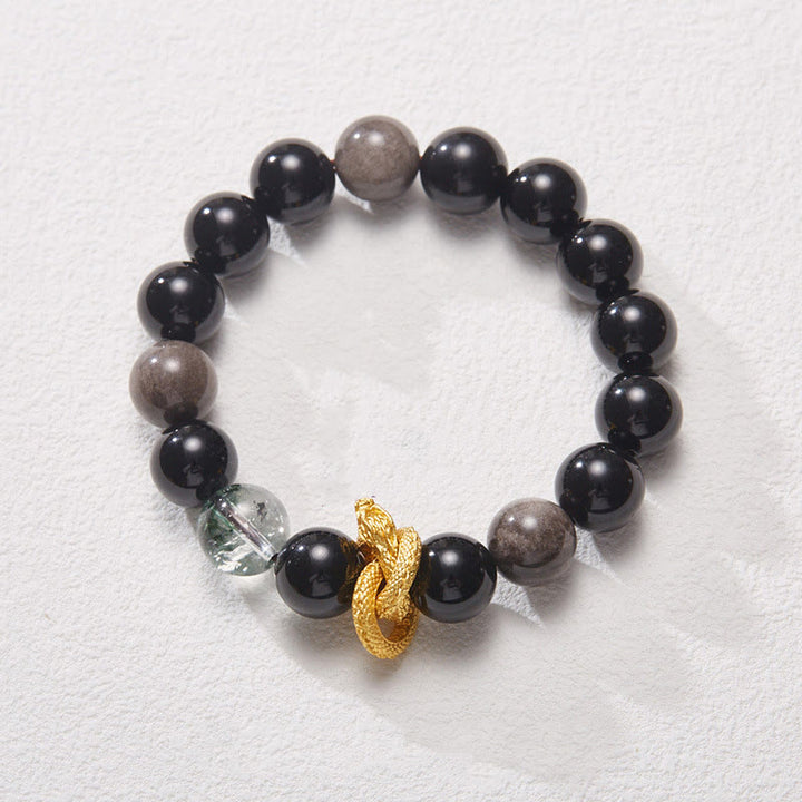 Bransoletka ochronna z Buddha Stones Naturalny srebrny połysk Obsydian Smok Zielony Fantom