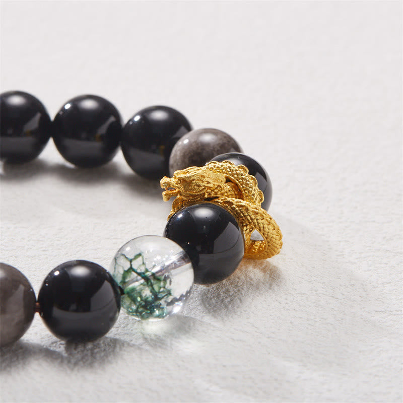 Bransoletka ochronna z Buddha Stones Naturalny srebrny połysk Obsydian Smok Zielony Fantom