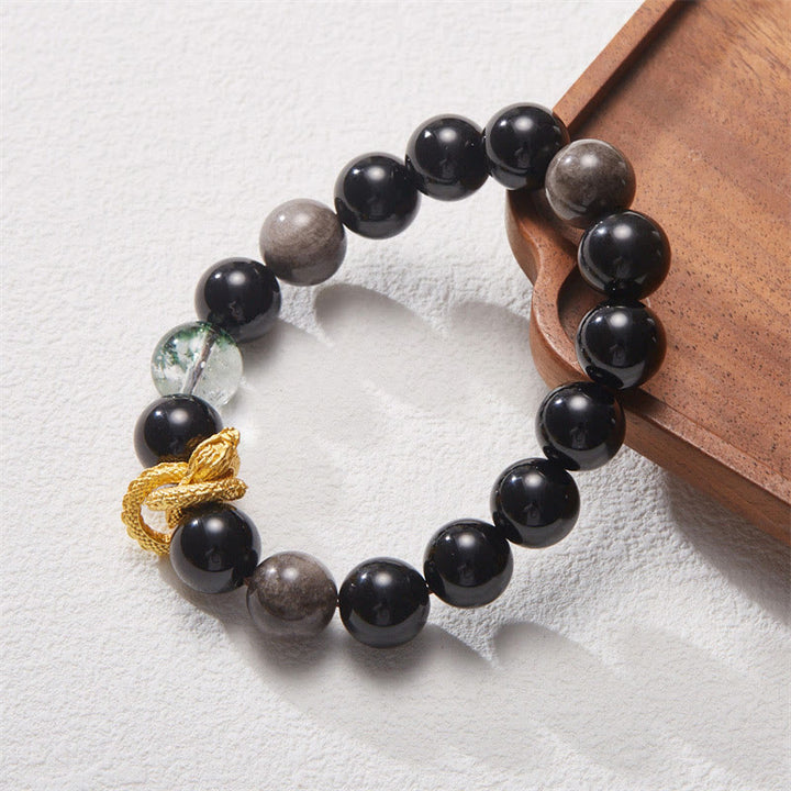 Bransoletka ochronna z Buddha Stones Naturalny srebrny połysk Obsydian Smok Zielony Fantom