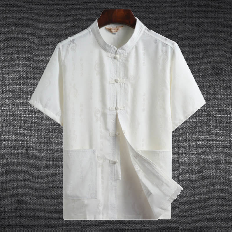 Buddha Stones -Guzik Fu Postać Smok Bambus Liść Chiński Strój Tang Krótki Rękaw Koszula Lniana Z Kieszeniami - Biały - Postać Fu - US/UK/AU46， EU56 (4XL)  - image 3