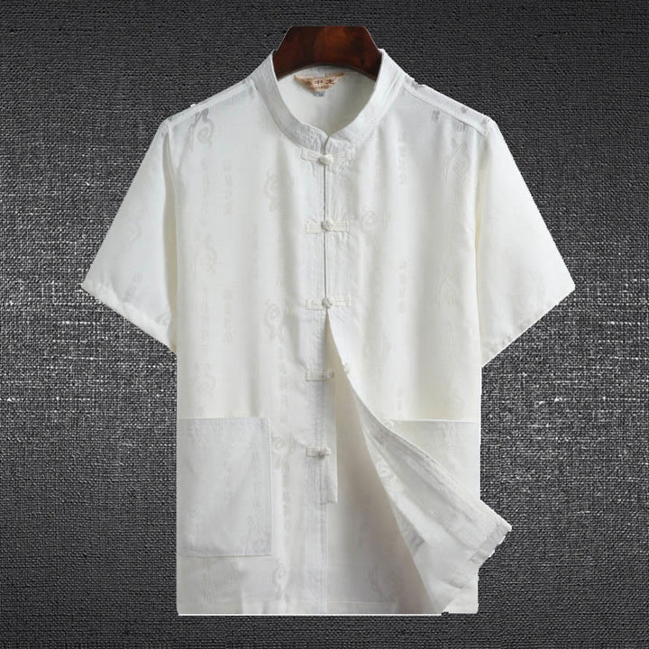 Buddha Stones -Guzik Fu Postać Smok Bambus Liść Chiński Strój Tang Krótki Rękaw Koszula Lniana Z Kieszeniami - Biały - Postać Fu - US/UK/AU46， EU56 (4XL)  - image 3