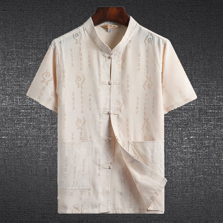 Buddha Stones -Guzik Fu Postać Smok Bambus Liść Chiński Strój Tang Krótki Rękaw Koszula Lniana Z Kieszeniami - Jasnożółty - Postać Fu - US/UK/AU46， EU56 (4XL)  - image 0