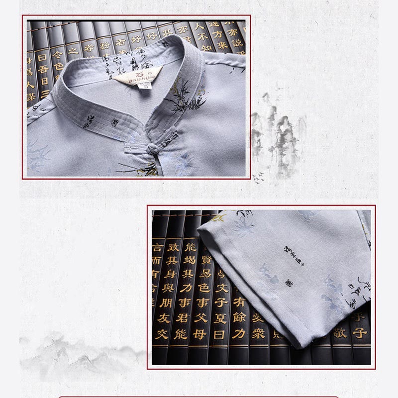 Buddha Stones -Guzik Fu Postać Smok Bambus Liść Chiński Strój Tang Krótki Rękaw Koszula Lniana Z Kieszeniami - image 11