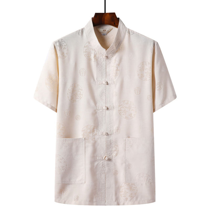 Buddha Stones -Guzik Fu Postać Smok Bambus Liść Chiński Strój Tang Krótki Rękaw Koszula Lniana Z Kieszeniami - Jasnożółty - Smok - US/UK/AU46， EU56 (4XL)  - image 4