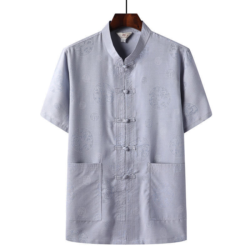 Buddha Stones -Guzik Fu Postać Smok Bambus Liść Chiński Strój Tang Krótki Rękaw Koszula Lniana Z Kieszeniami - Jasnoniebieski - Smok - US/UK/AU46， EU56 (4XL)  - image 7
